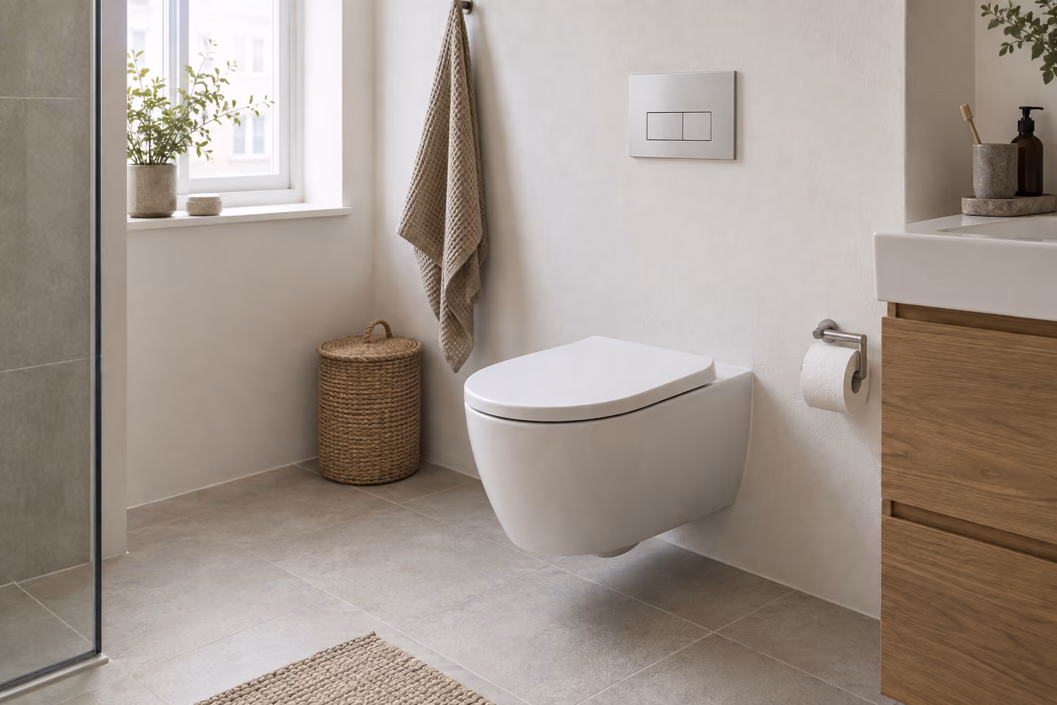 Moderne badeværelse med væghængt toilet, væghængt toiletpapirholder, på væggen monteret skylleknap, beige håndklæde hængende på væggen, vævet opbevaringskurv i hjørnet, vindue med plantepotte og vask med trækabinet.