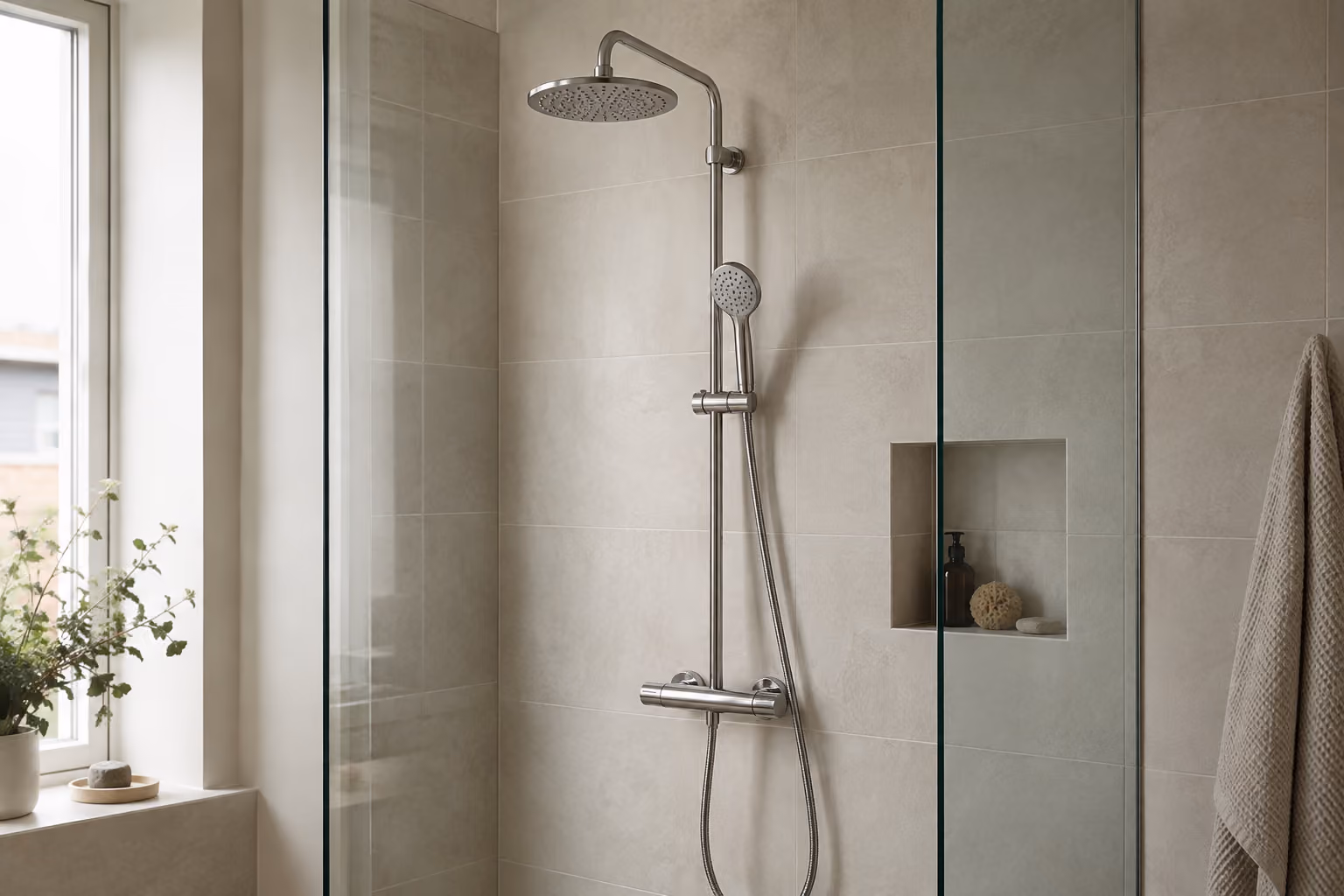 Moderne bruseniche med stor bruserhoved, håndbruser, glat beige flisevæg, glasvæg og et beige håndklæde hængende til højre.