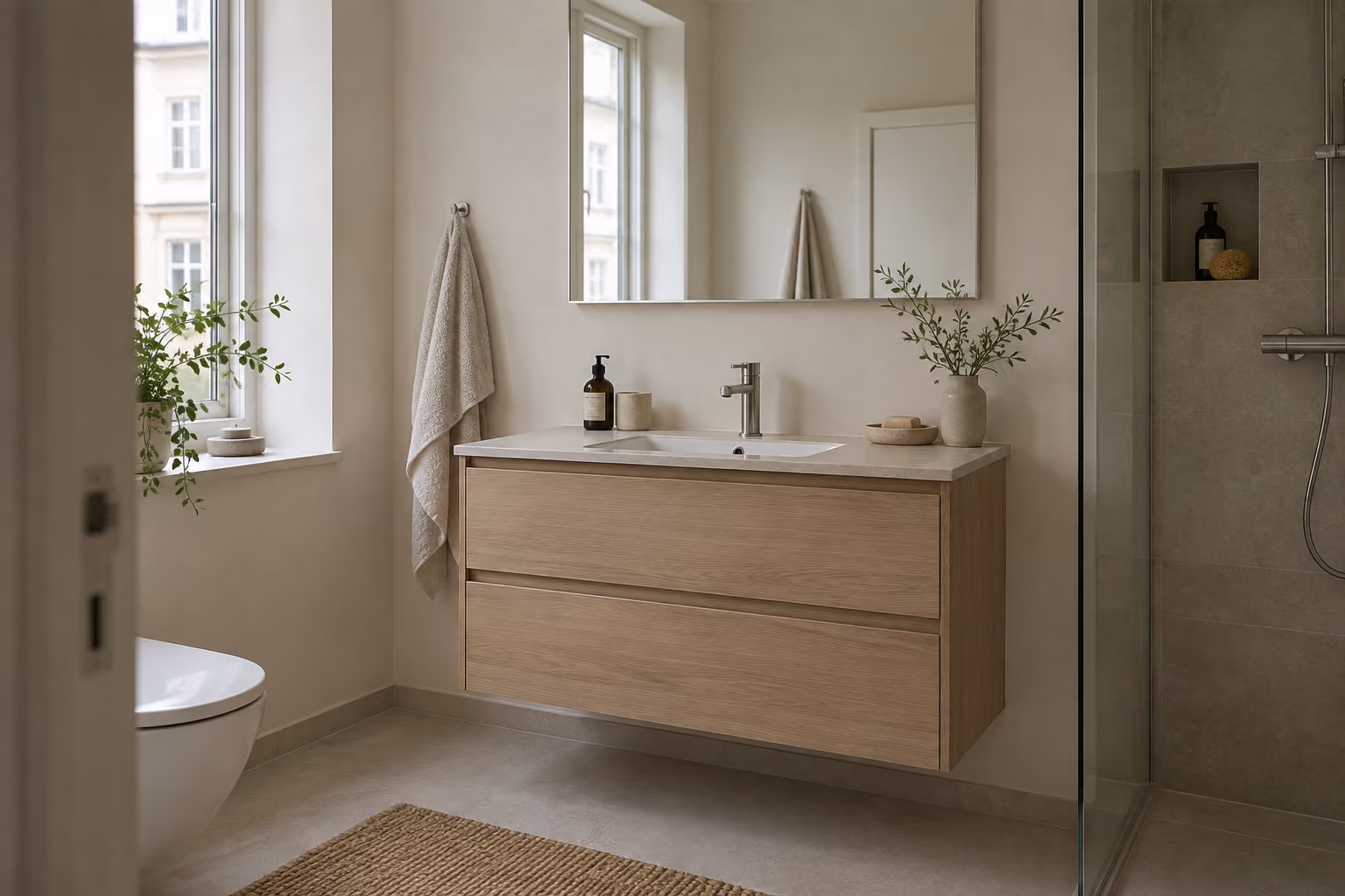 Moderne badeværelse med væghængt træskab med vask, stort rektangulært spejl, håndklæde på krog, plante i vindueskarm og glasbruser.
