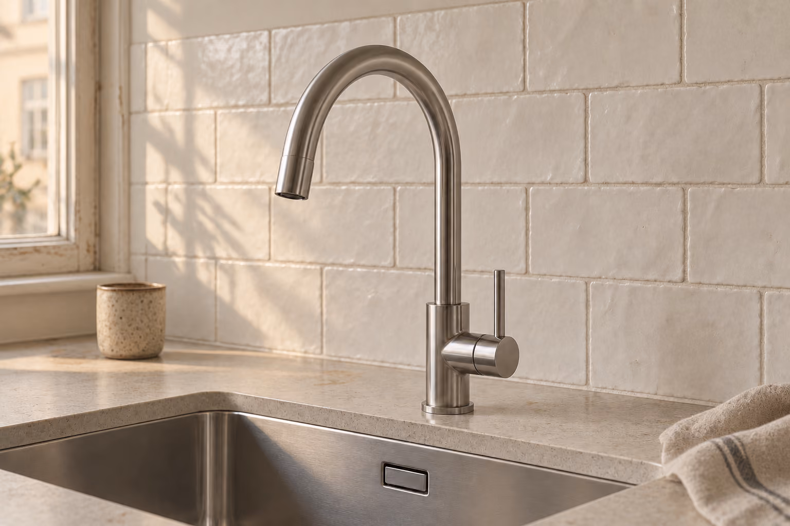 Moderne stålvask med armatur i buet design monteret på en køkkenbordplade ved siden af et vindue med naturlys.