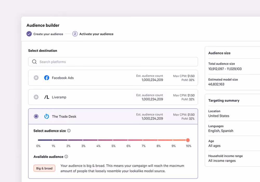 Audience builder in the Attain dashboard