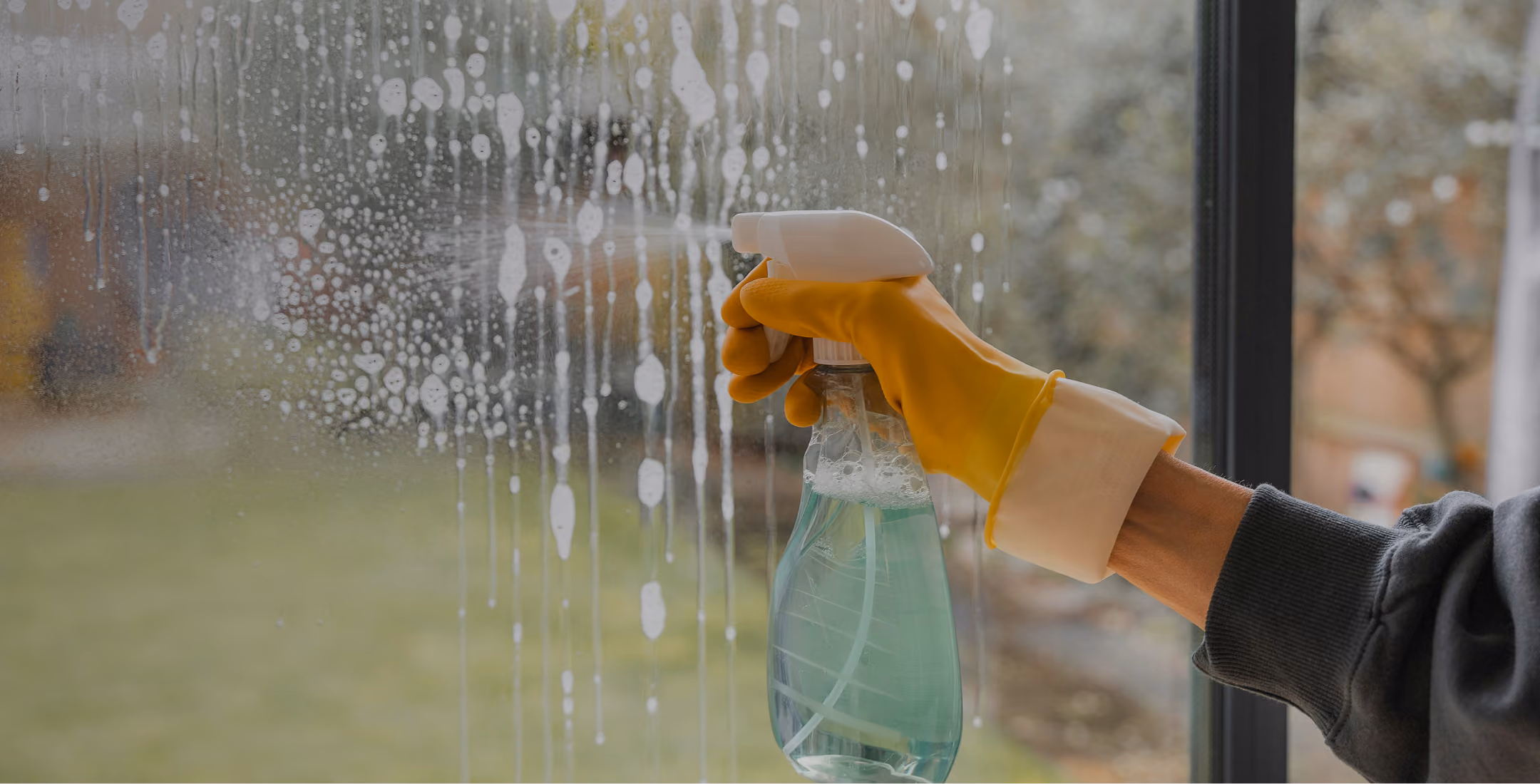 cleaning window with spray bottle