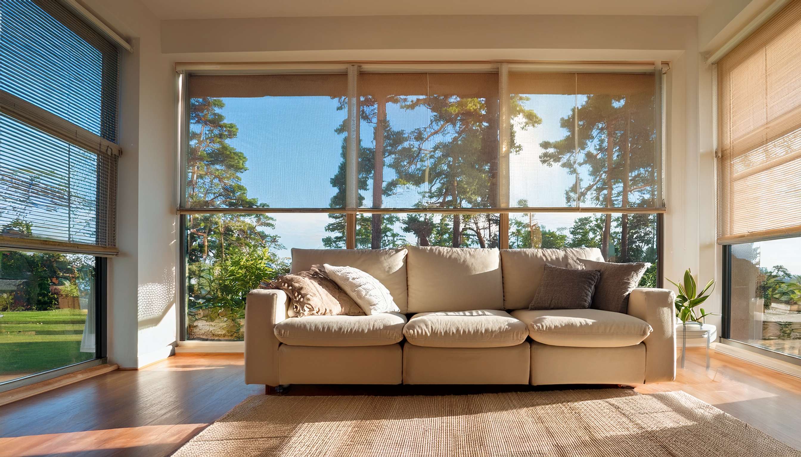 Bright Spokane living room in summer with cream cellular shades lowered halfway on large sunny windows