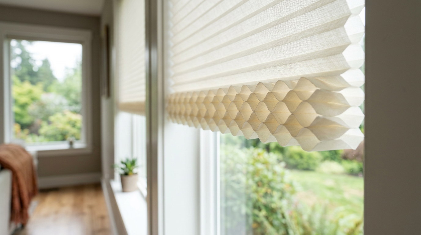 Close-up of a cream cellular honeycomb shade showing the individual cells that trap soot after smoke exposure