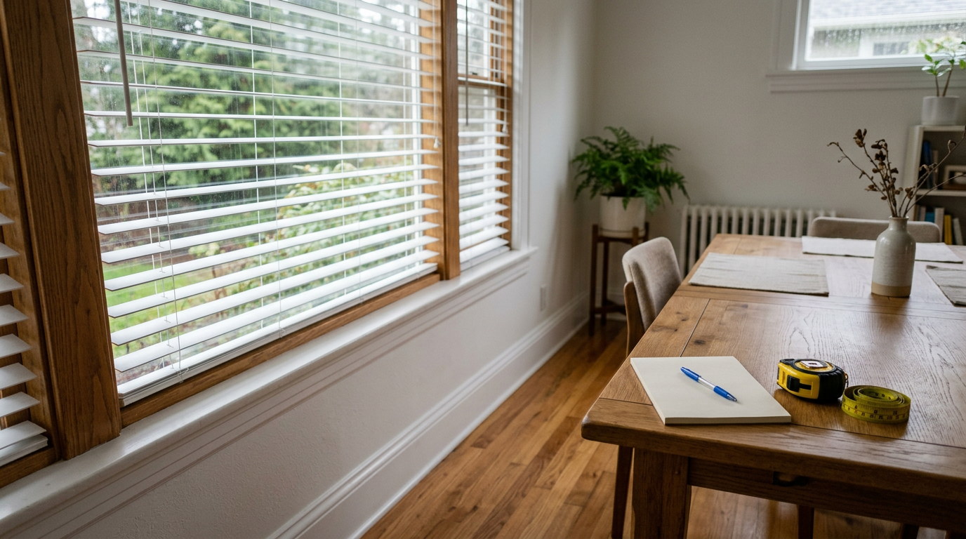 Dining table by a window with blinds tilted open, set up for documenting window coverings for an insurance claim