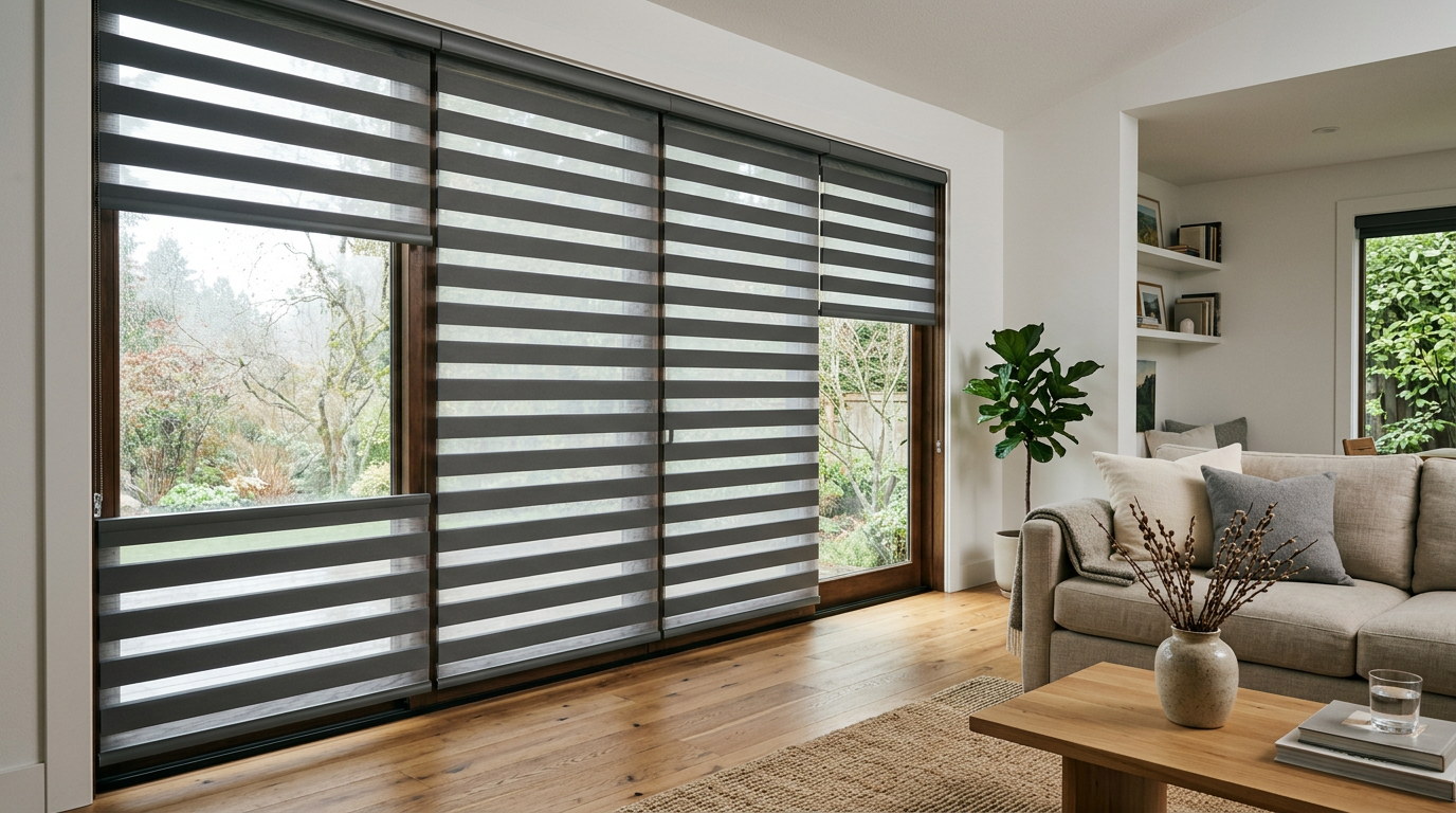 Banded shades on a Spokane living room window with the sheer bands aligned, filtering daylight into the room