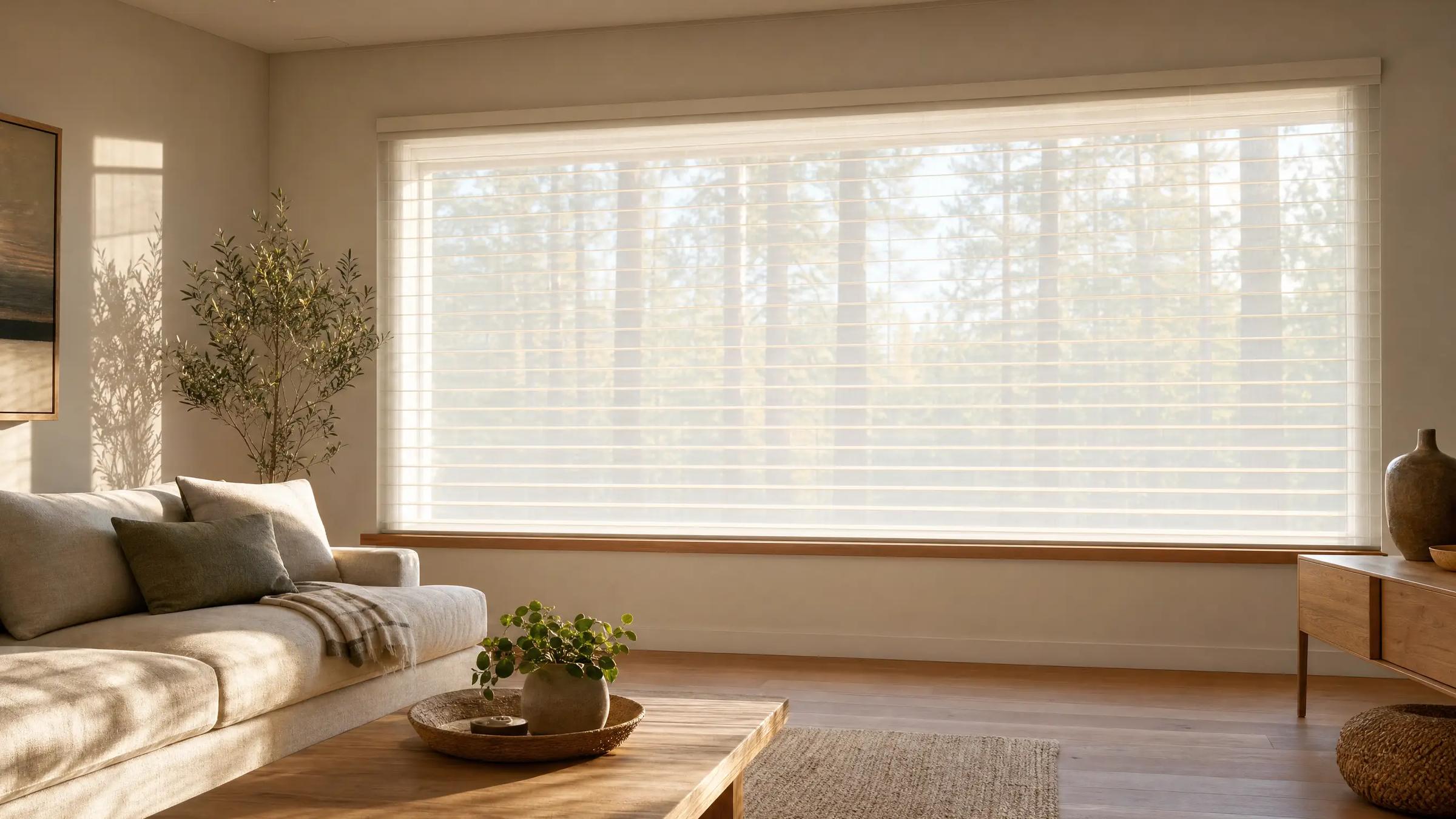 Living room window with Hunter Douglas fabric shades filtering soft daylight