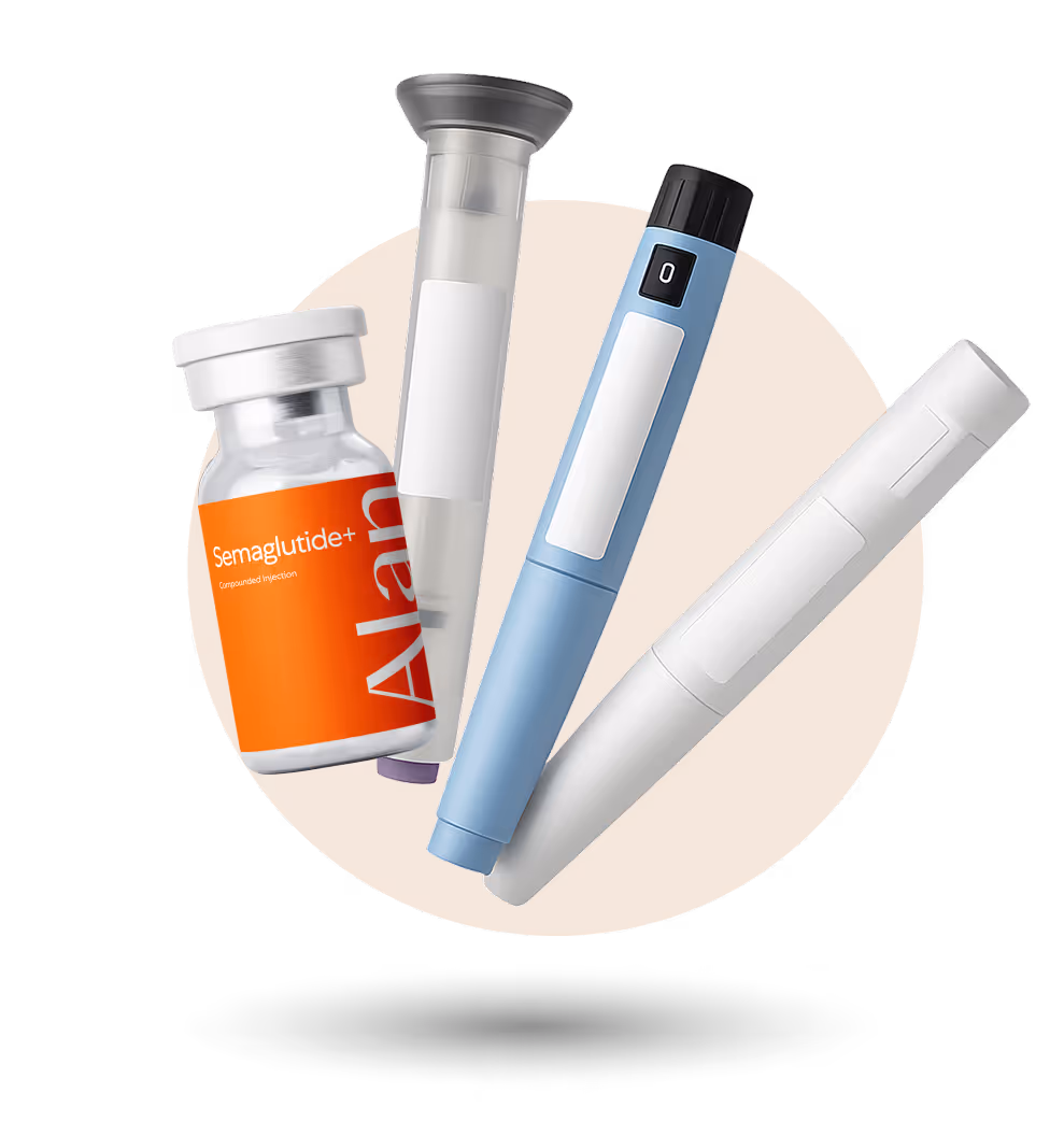 Vial labeled Semaglutide+ with three different injection pens against a beige circular background.