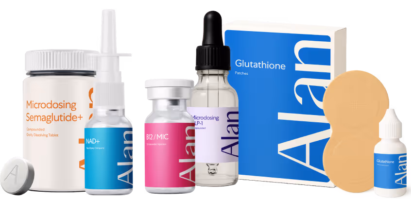A collection of Alan-branded health products including Microdosing Semaglutide+ tablets, NAD+ nasal spray, B12/MIC injectable, Microdosing LP-1 dropper bottle, Glutathione patches, and a small Glutathione dropper bottle with patches.
