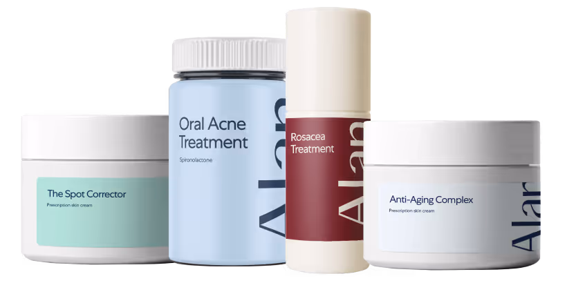 Four Alan branded skincare products: The Spot Corrector, Oral Acne Treatment, Rosacea Treatment, and Anti-Aging Complex.
