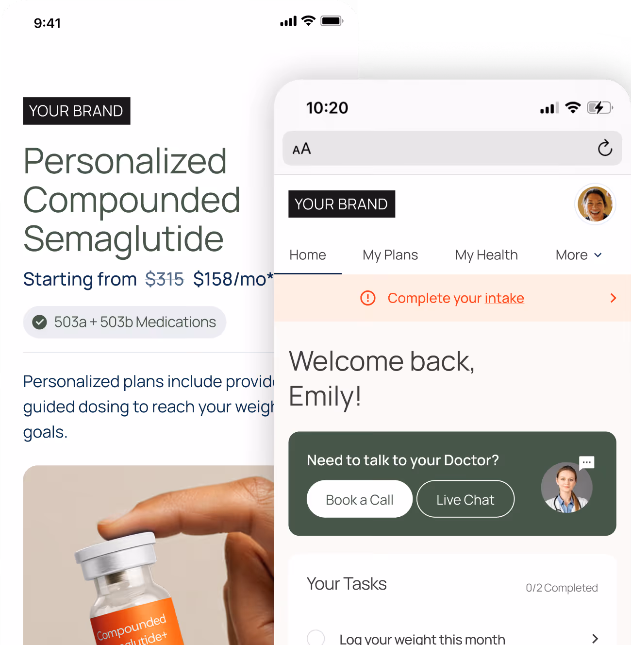 Mobile screens showing a personalized compounded semaglutide medication offer starting at $158 per month and a health app interface welcoming user Emily with options to book a call or live chat with a doctor.