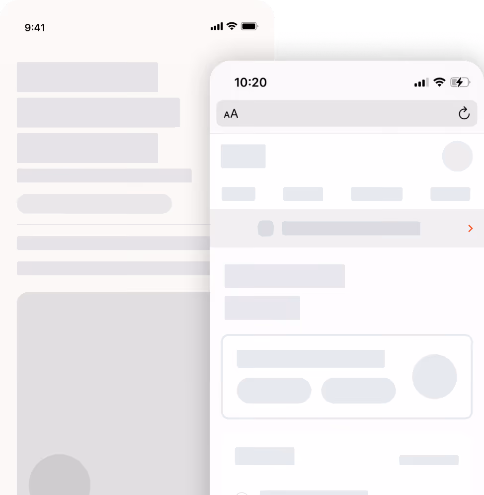 Two overlapping smartphone screens displaying a blurred user interface with text blocks and icons.