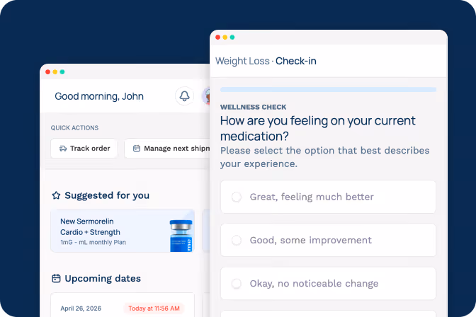 Digital wellness check interface asking about feelings on current medication with options from great to no change.