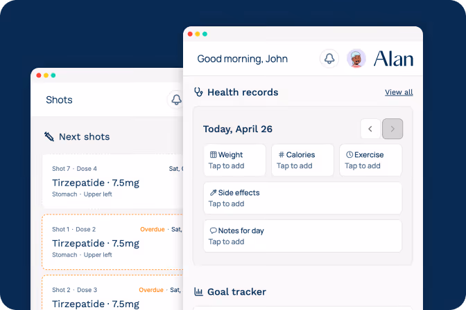 Health app interface showing medication shots, health records for April 26, and a goal tracker.