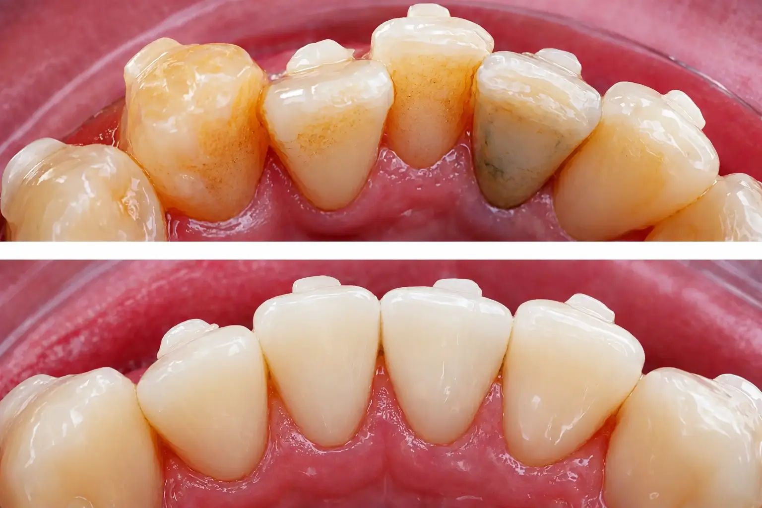 Before and after lower front tooth restoration