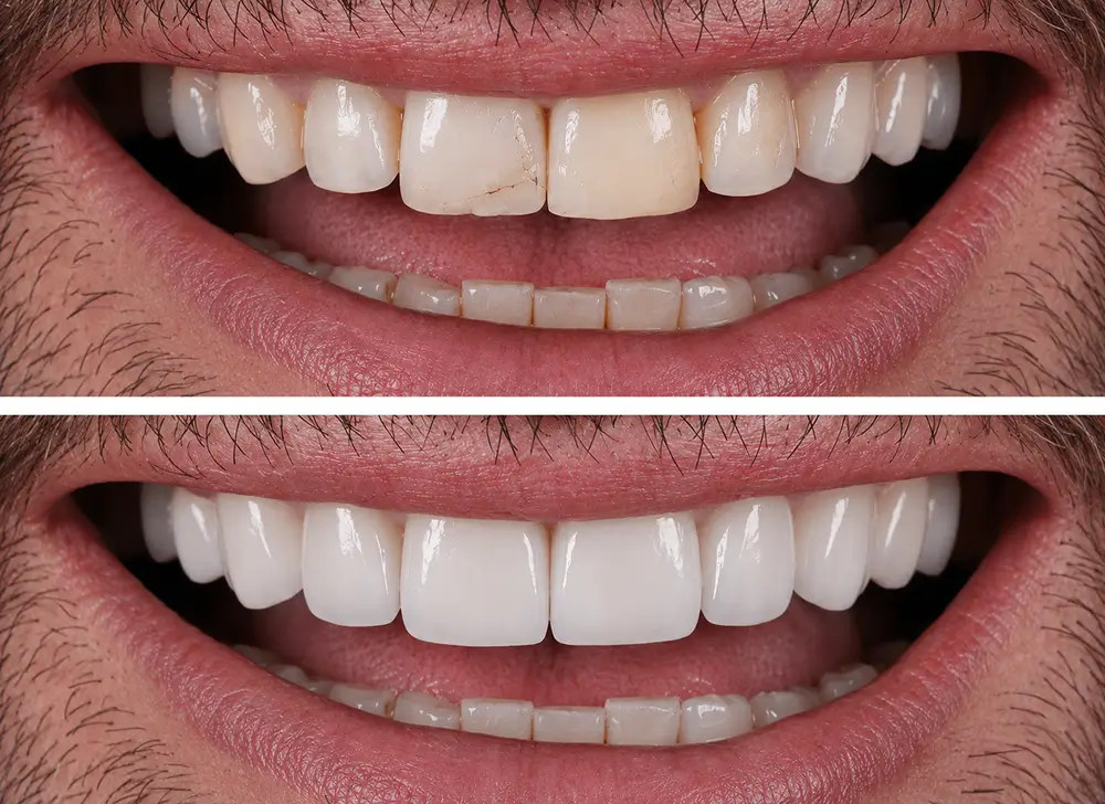 Before and after smile with restored front teeth
