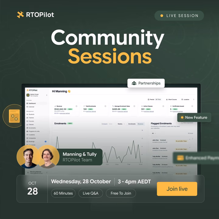 RTOPilot Community Sessions: free 60 minute live session with Q&A, 3 to 4pm AEDT. Join live.