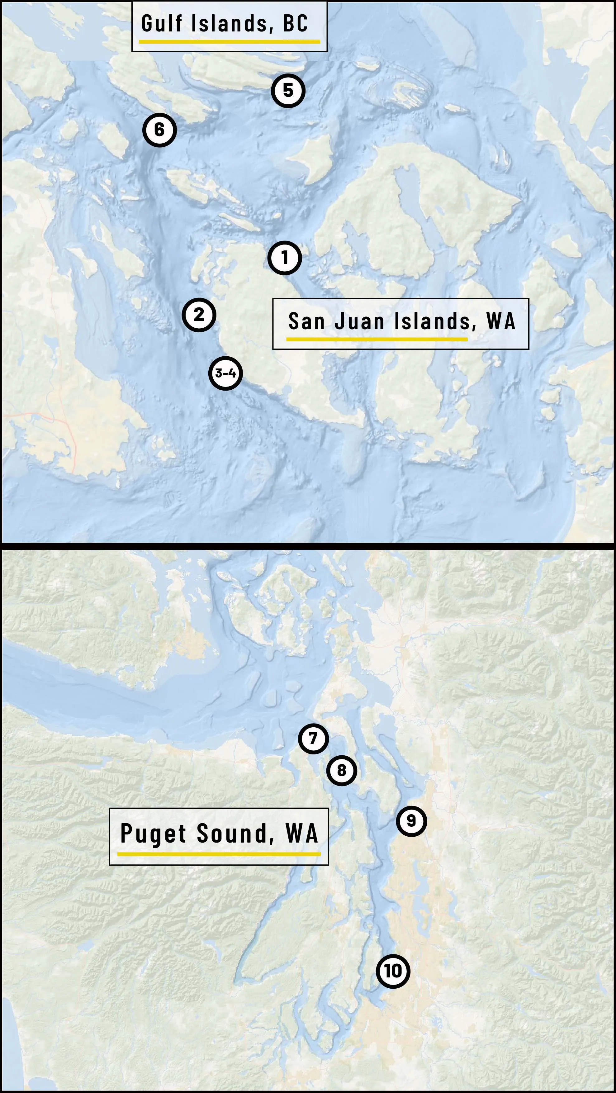 Map of hydrophone nodes at additional locations in the Salish Sea waters