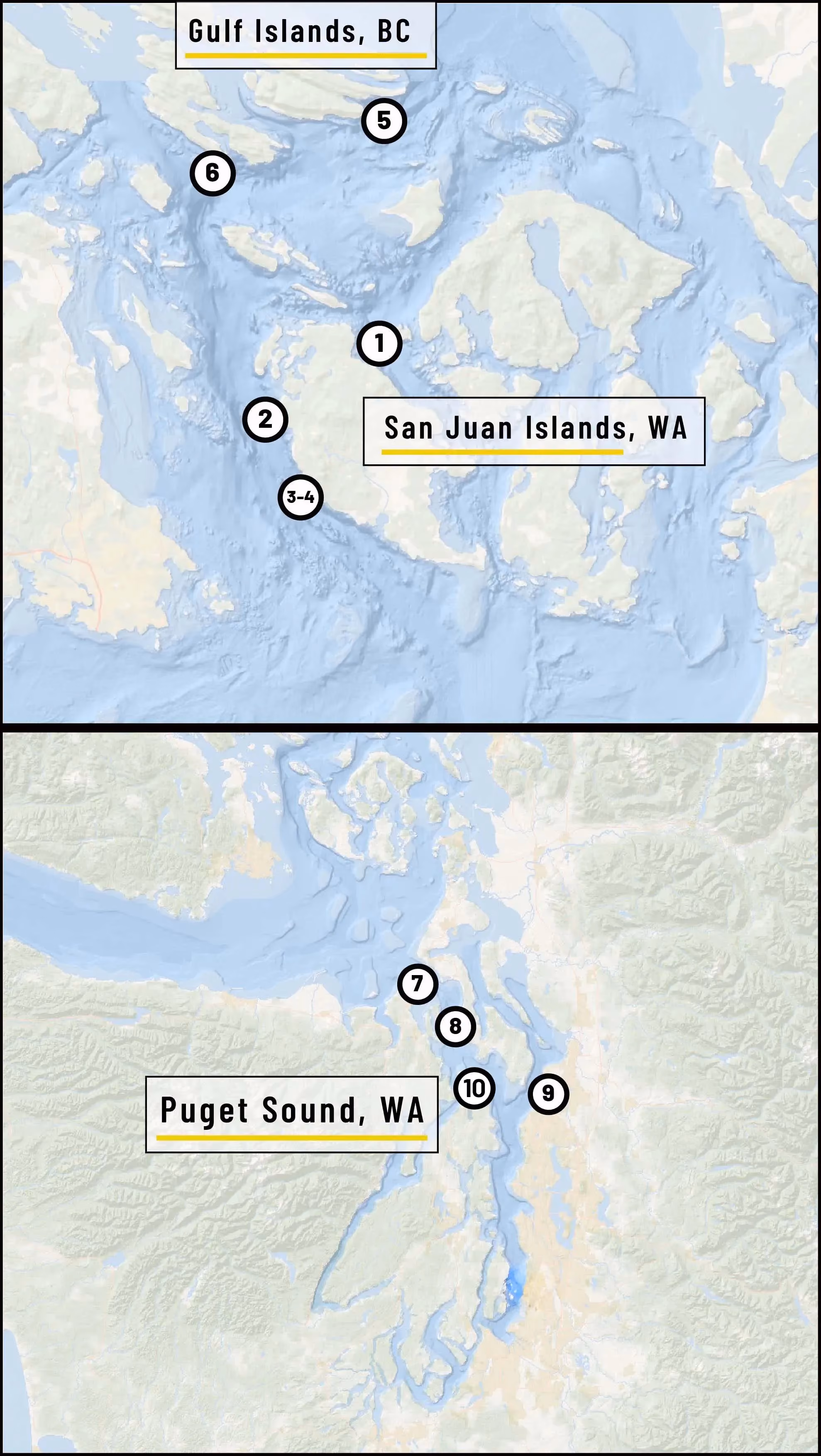 Map of hydrophone nodes at additional locations in the Salish Sea waters