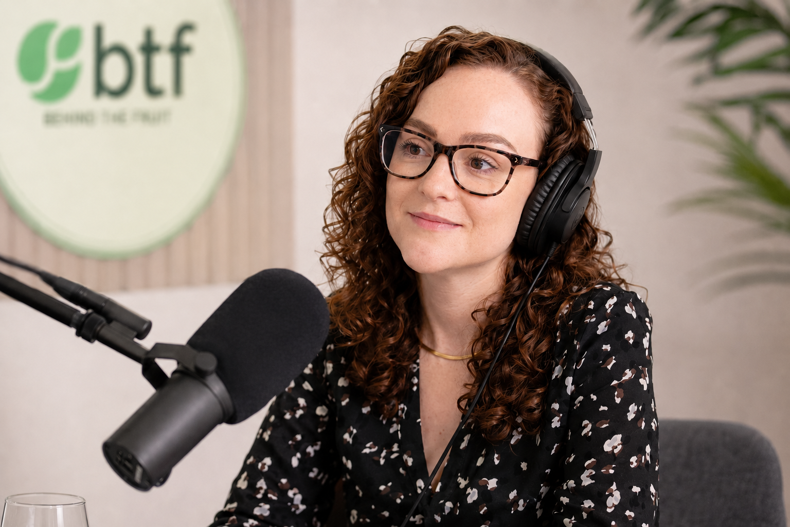 Lucy Robinson, host of Behind the Fruit, wearing headphones at a podcast microphone with the Behind the Fruit logo visible in the background.