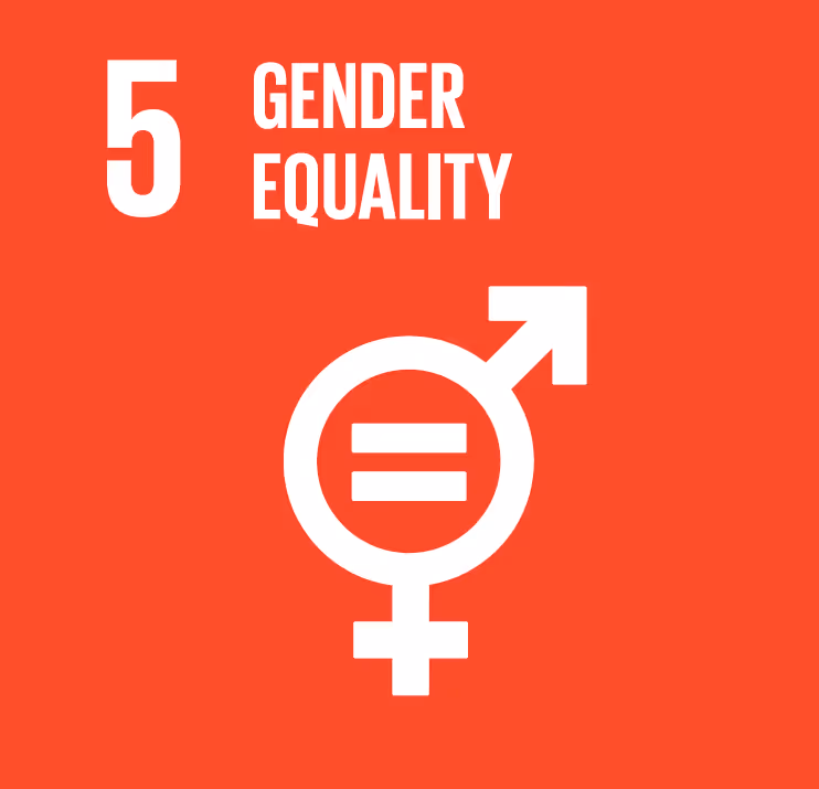 Symbol für Geschlechtergleichheit mit Zahl 5 und Text Gender Equality auf rotem Hintergrund.