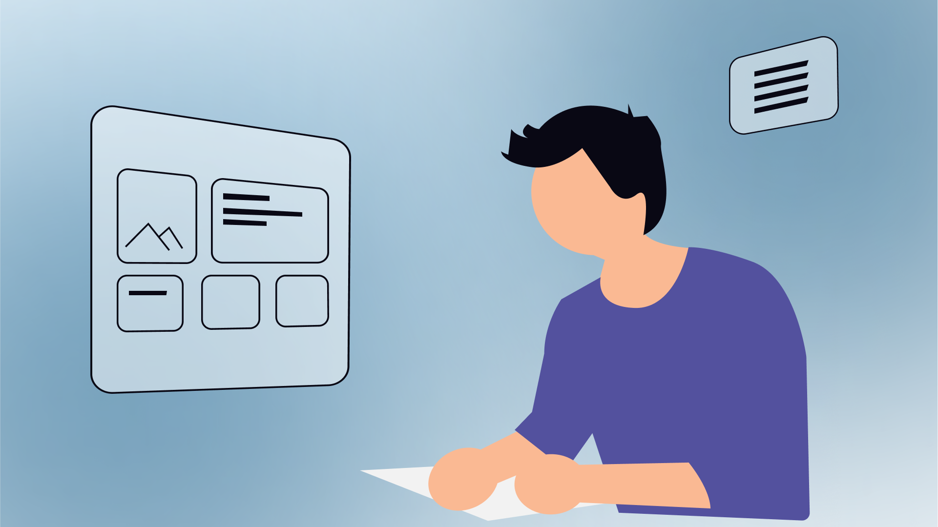 een illustratie van een persoon die abstract aan het werk is met een website design