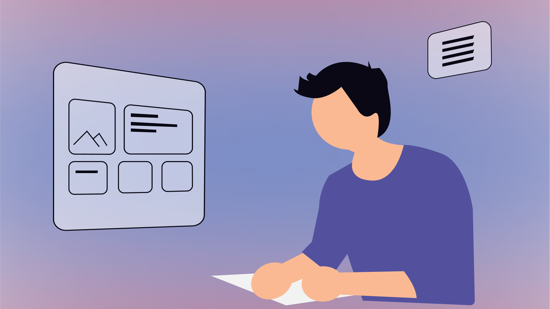 een illustratie van een persoon die abstract aan het werk is met een website design