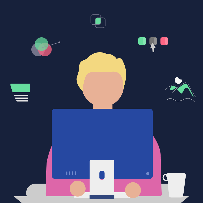 A colorfull illustration of a person on a computer thinking about designs and working on designs