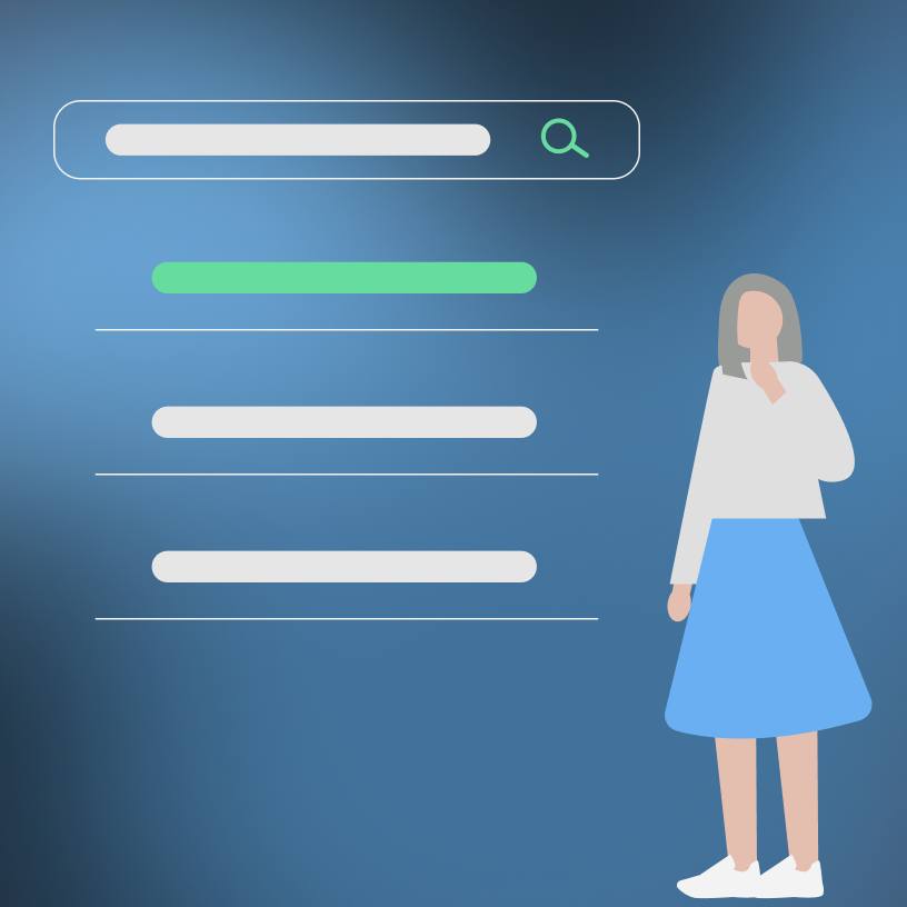 A blue illustration of a person with long hair, standing in front of an abstract search bar