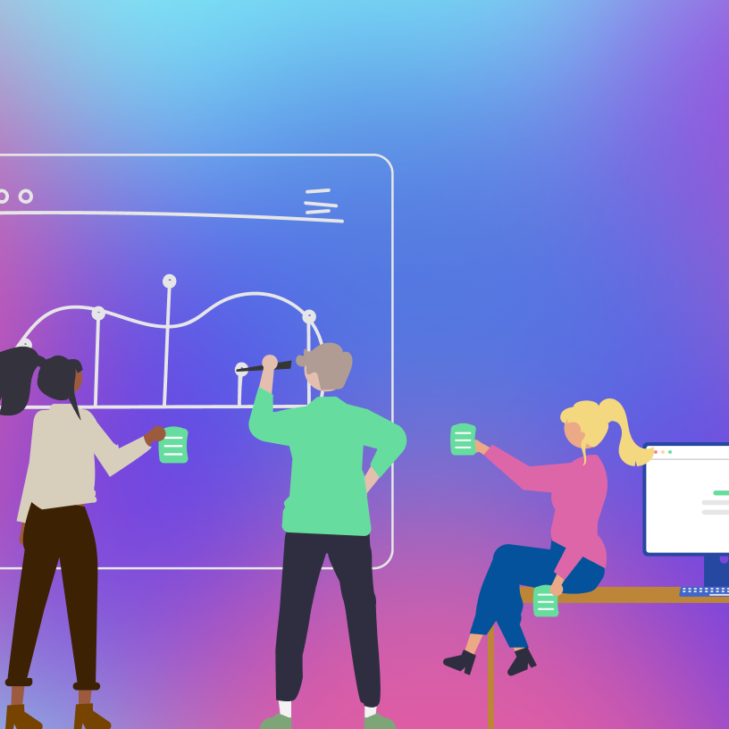 A colourful illustration of 3 persons brainstorming, standing in front of an abstract graph sketch