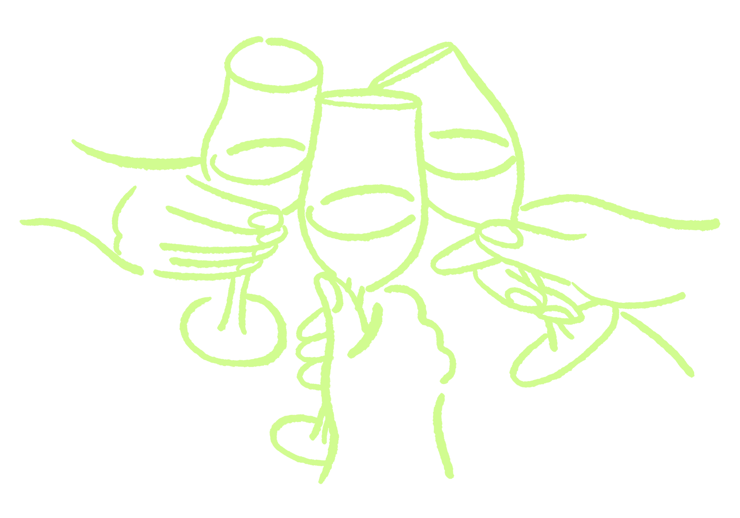 Illustration of three hands holding wine glasses, raising them in a toast.