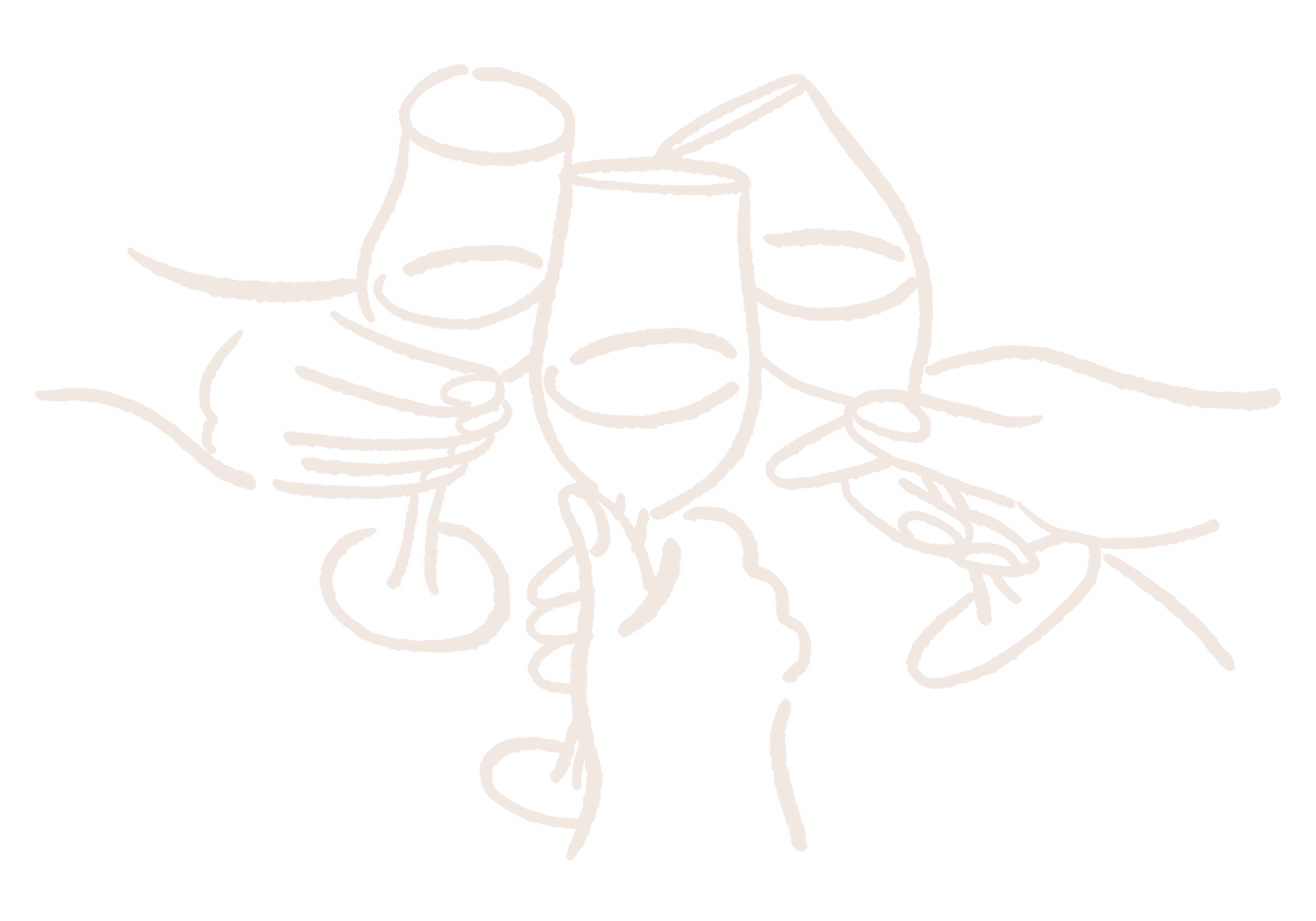 Illustration of three hands holding wine glasses, raising them in a toast.