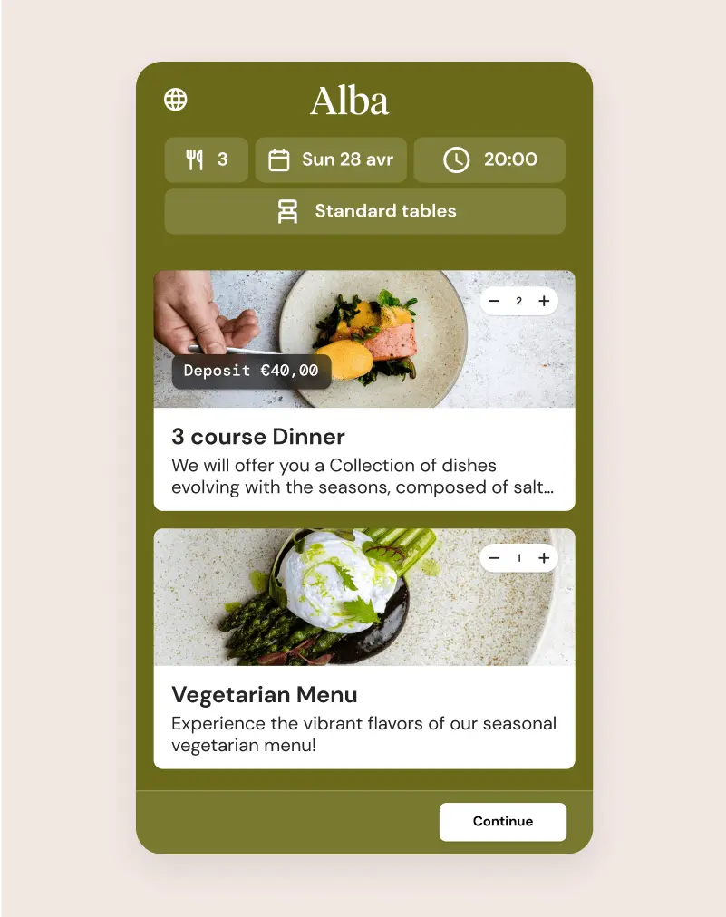 The Zenchef widget displaying two experiences