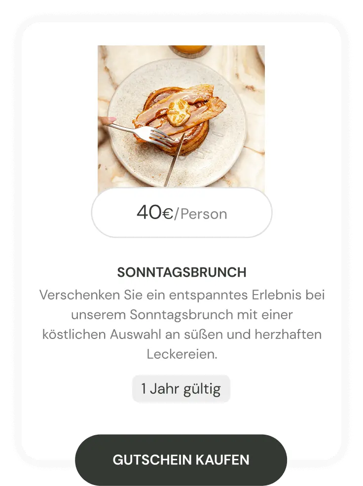German brunch gift card showing 40 euros per person with pastry, bacon, and butter on a plate.