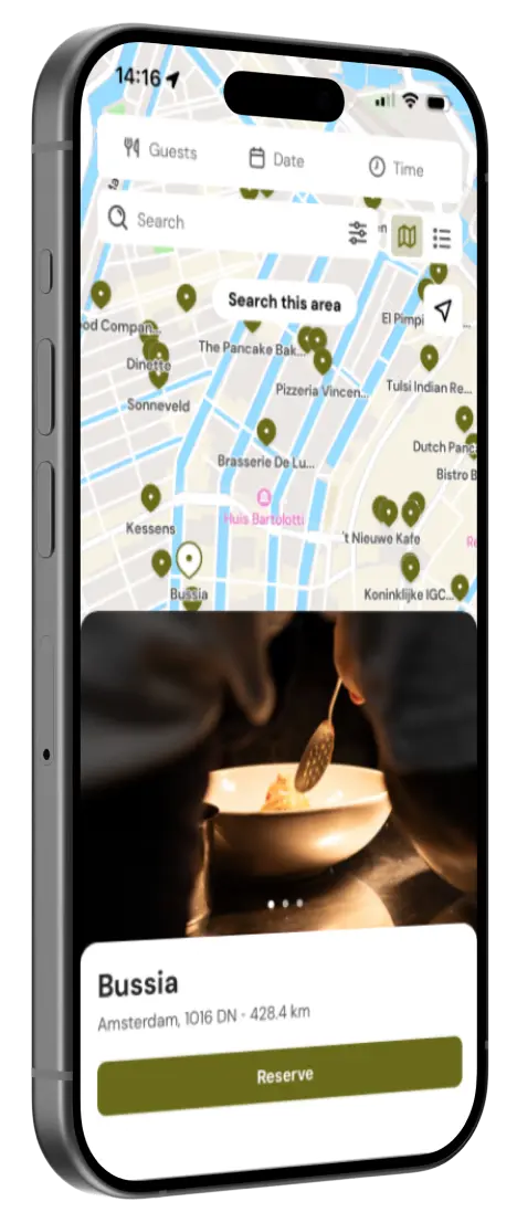 Smartphone showing a restaurant booking app with a map and an image of food for Bussia in Amsterdam.