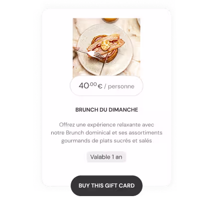 Brunch gift card image with plate of bacon, egg, and toast, priced at 40 euros per person.
