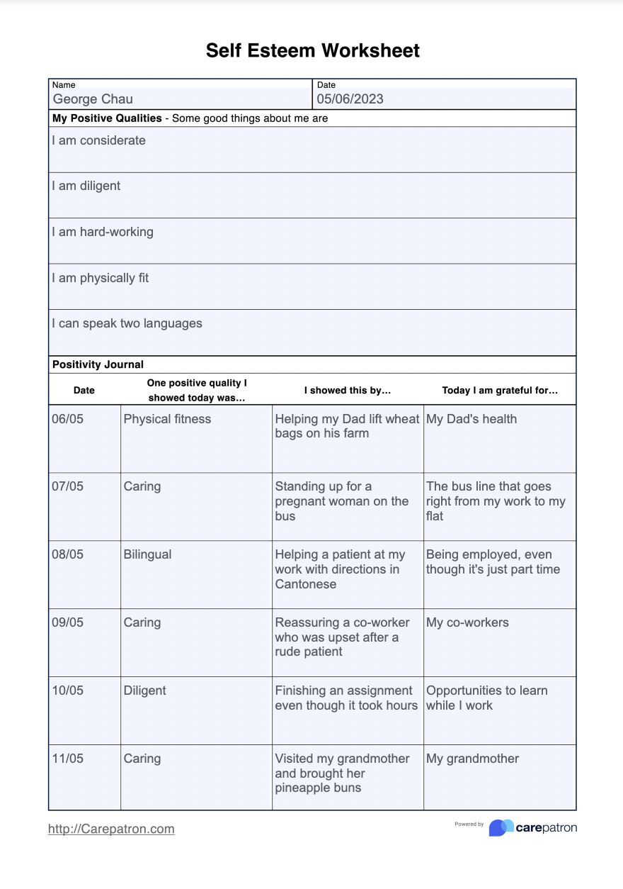 Visual Reference: Self Esteem Worksheet Example