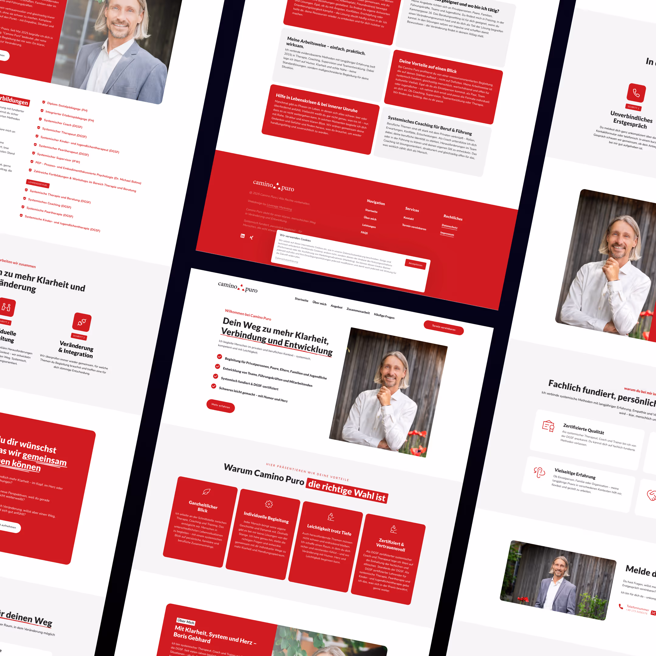 Website layout for Camino Puro featuring a professional portrait of a smiling man in business attire and sections highlighting coaching services and benefits.