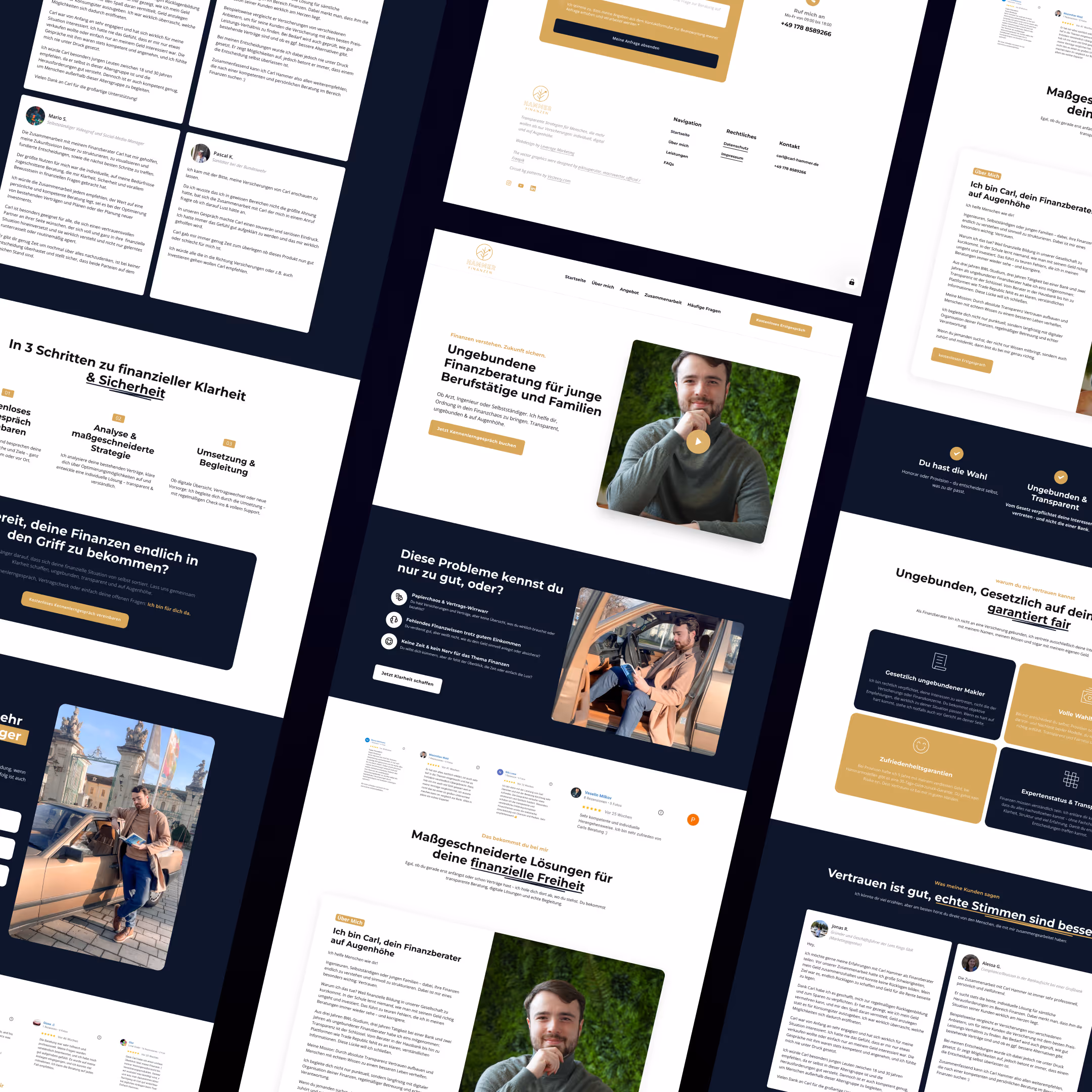 Ansicht einer Finanzberatungs-Website mit Abschnitten zu Beratungsschritten, Kundenzitaten, individuellen Finanzlösungen und Kontaktinformationen.