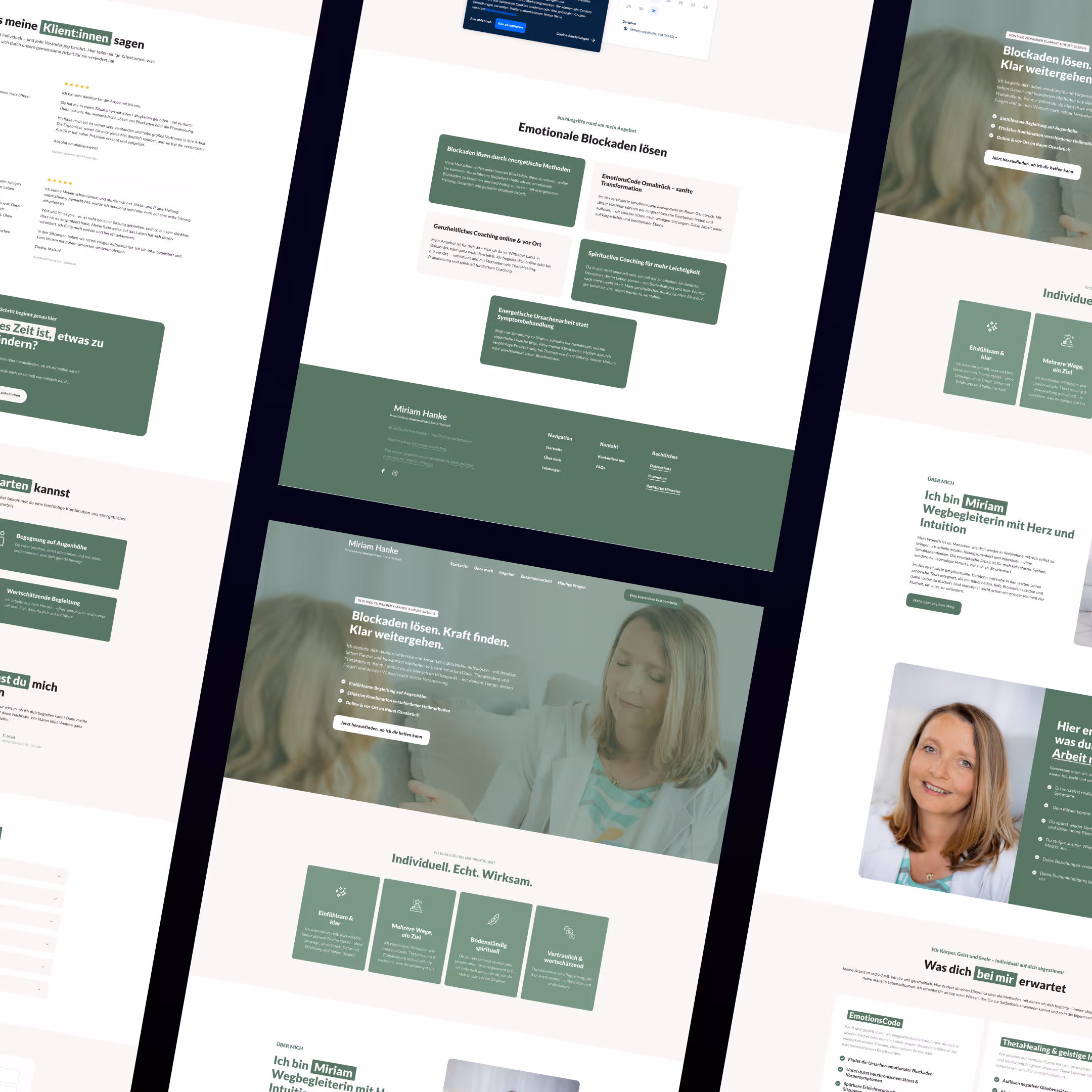 Website layout showing coaching services to resolve emotional blockages, featuring testimonials, service descriptions, and a portrait of a female coach.