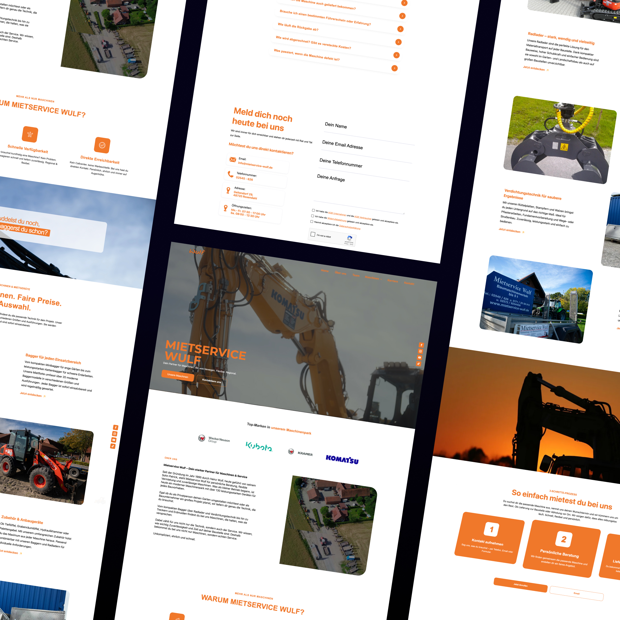 Screenshot einer Website des Mietservice Wulf mit Bildern von Baumaschinen, Kontaktformular und Informationen zu Mietangeboten.