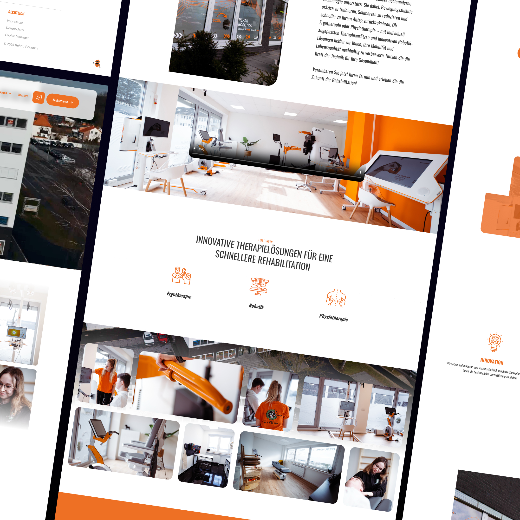 Moderne Therapieräume mit Ergotherapie-, Robotik- und Physiotherapiegeräten in hellen, orange akzentuierten Räumen.