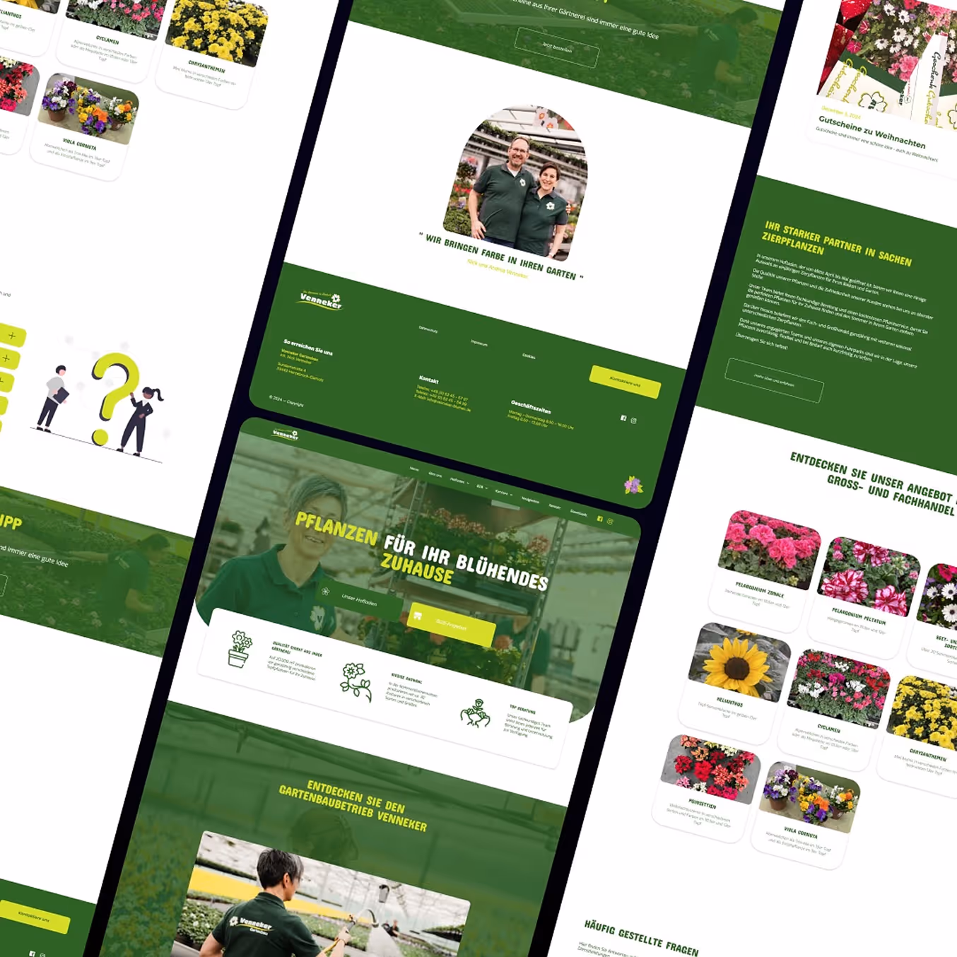 Mehrere Abschnitte einer grünen Firmenwebsite mit Bildern von Pflanzen, Blumen und Mitarbeitern in einem Gartenbaubetrieb.