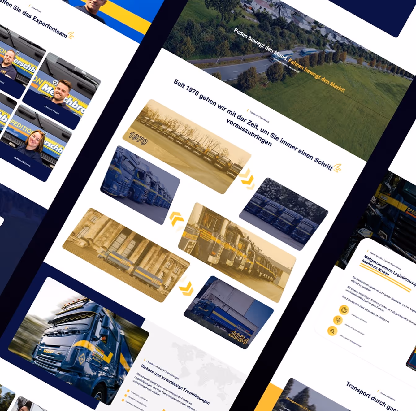 Zeitleiste mit Fotos von blauen und gelben Lastwagen aus den Jahren 1970 bis 2024, die die Entwicklung des Fuhrparks zeigen.