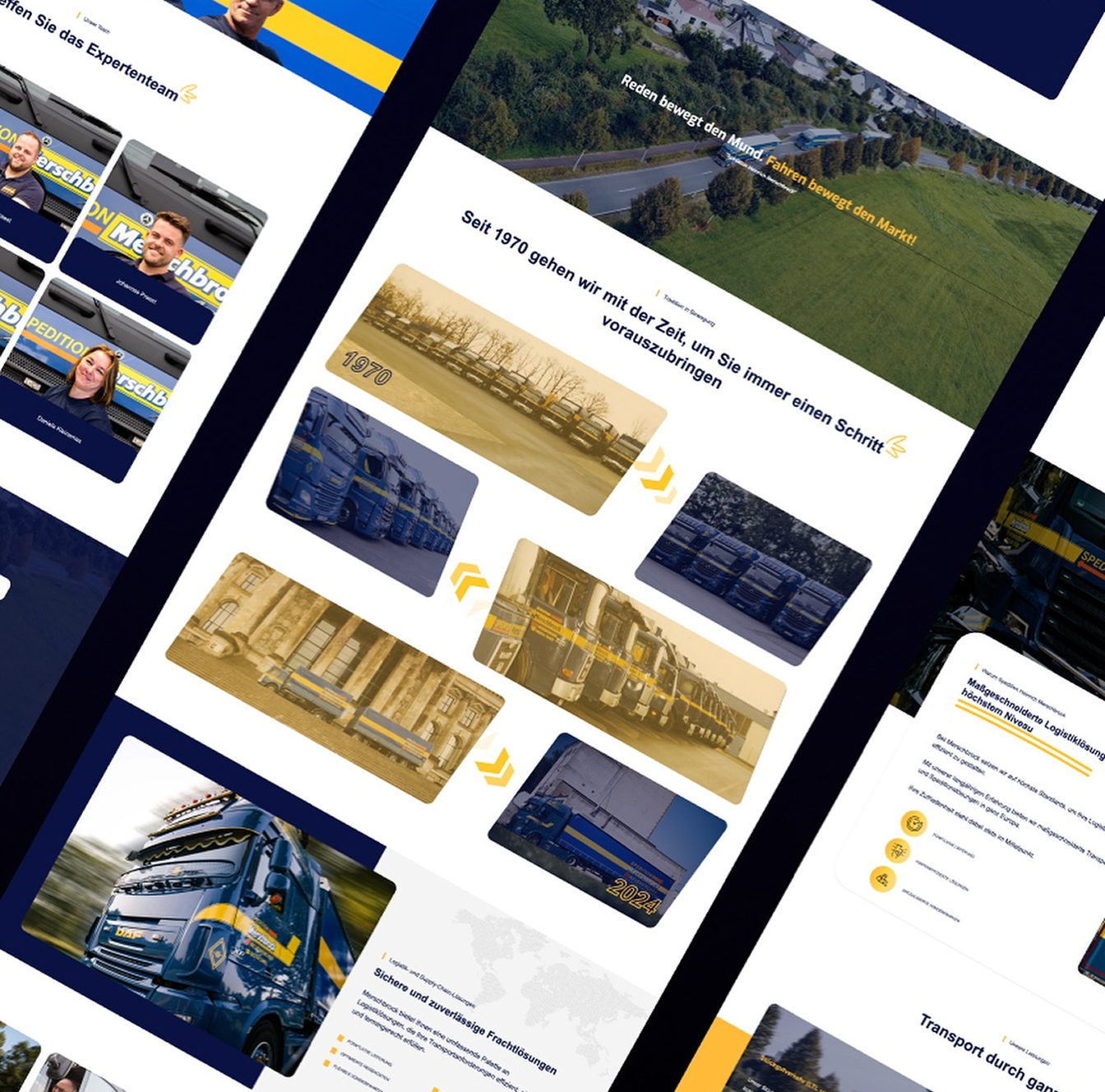Zeitleiste mit Fotos von blauen und gelben Lastwagen aus den Jahren 1970 bis 2024, die die Entwicklung des Fuhrparks zeigen.