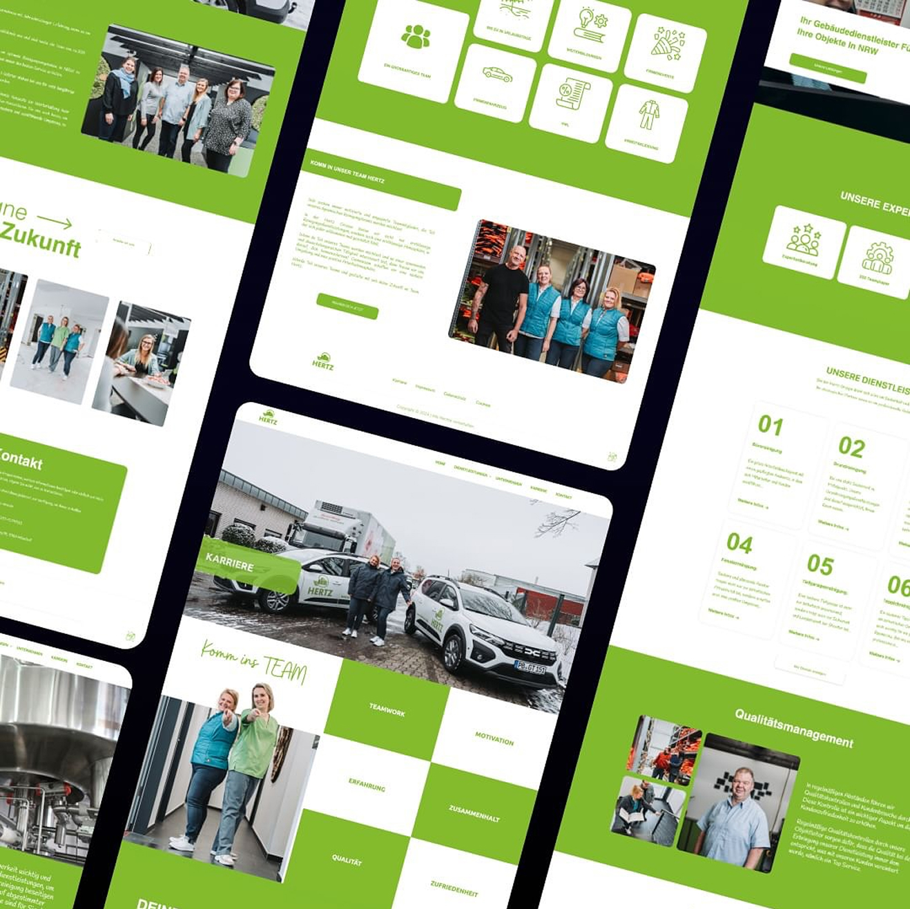 Mehrere Website-Design-Seiten mit grün-weißer Farbgestaltung zeigen Mitarbeiterfotos, Team- und Karriereseiten sowie Dienstleistungen eines Gebäudedienstleisters.