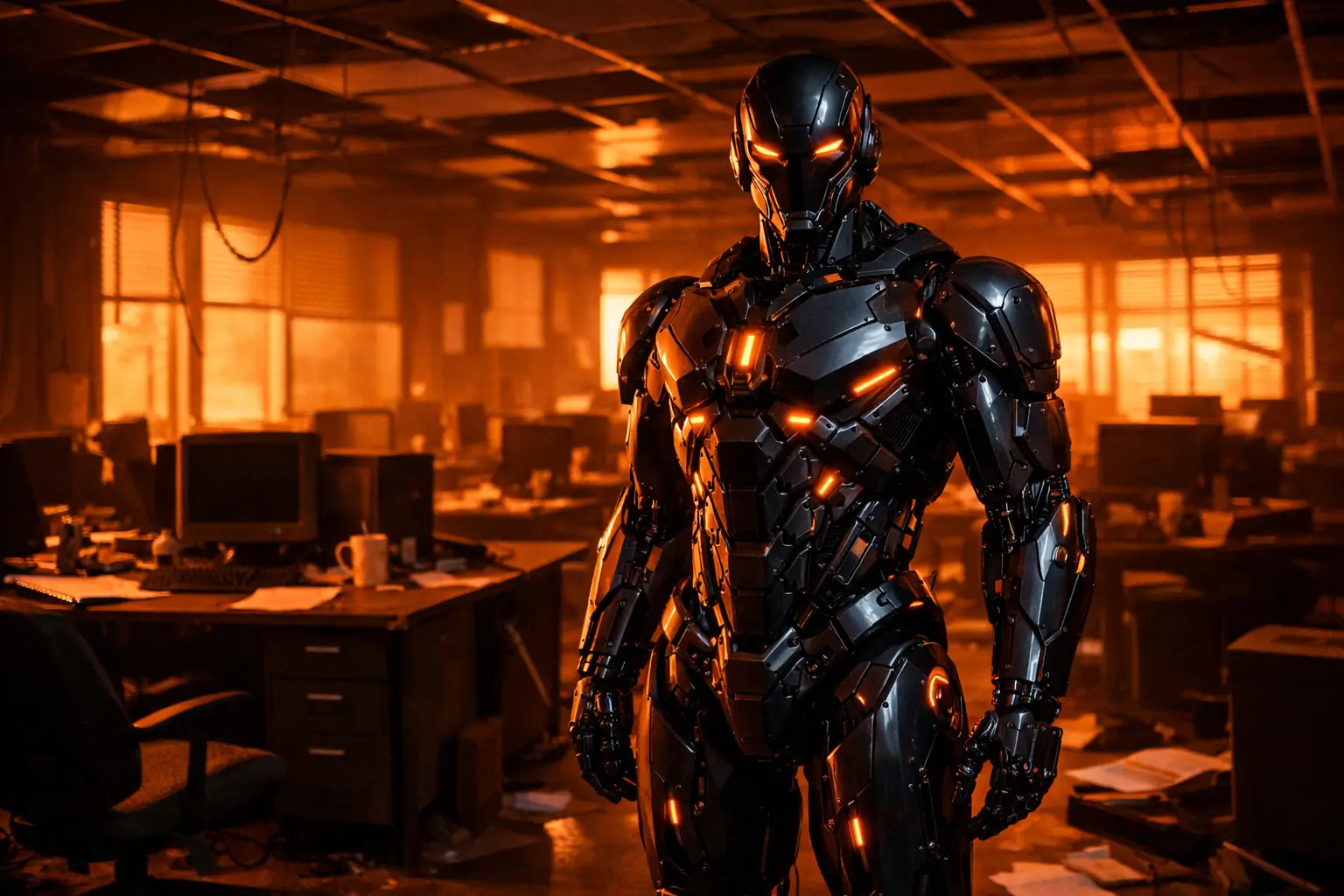 futuristic humanoid robot standing in an empty office with abandoned desks and computers