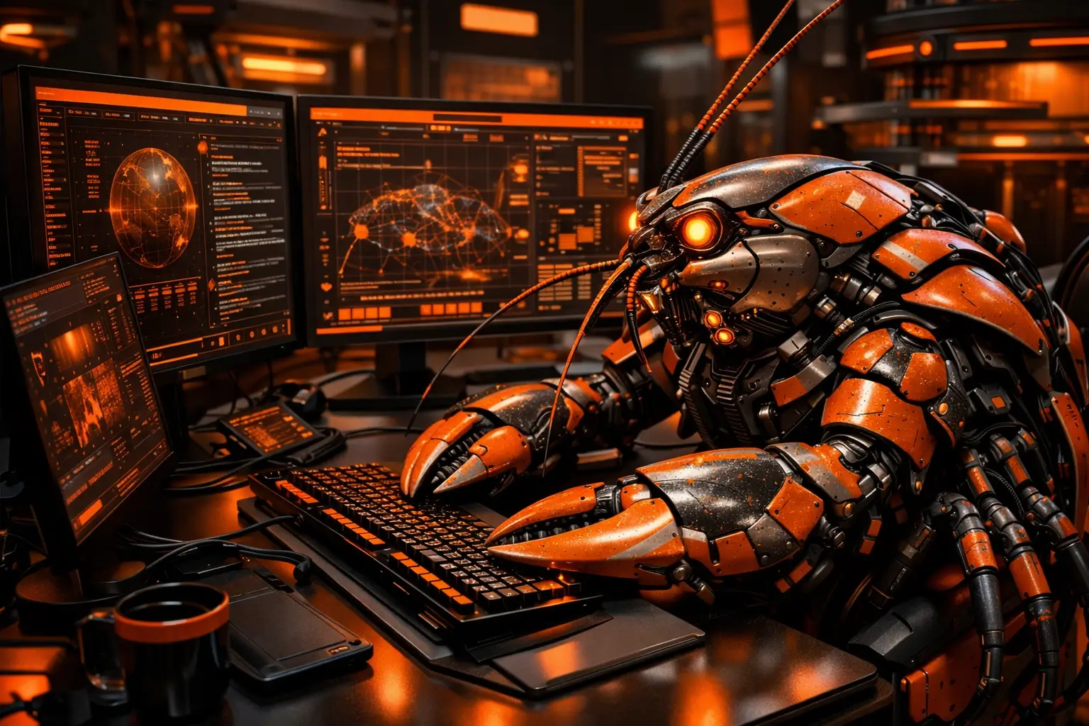AI agent lobster robot assistant working on multiple computer screens in a futuristic workspace