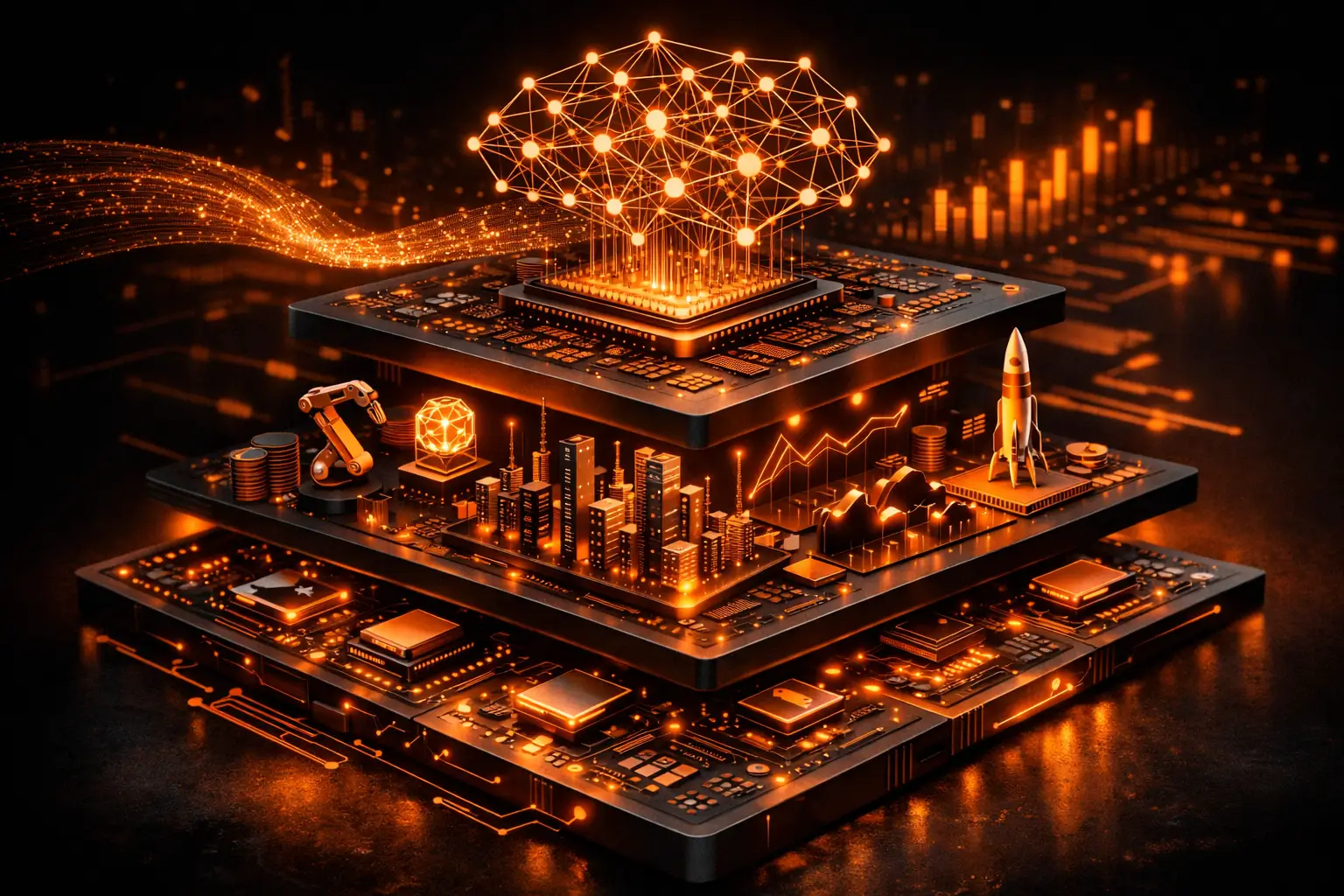 abstract visualization of technology layers with AI neural networks and startup ecosystem