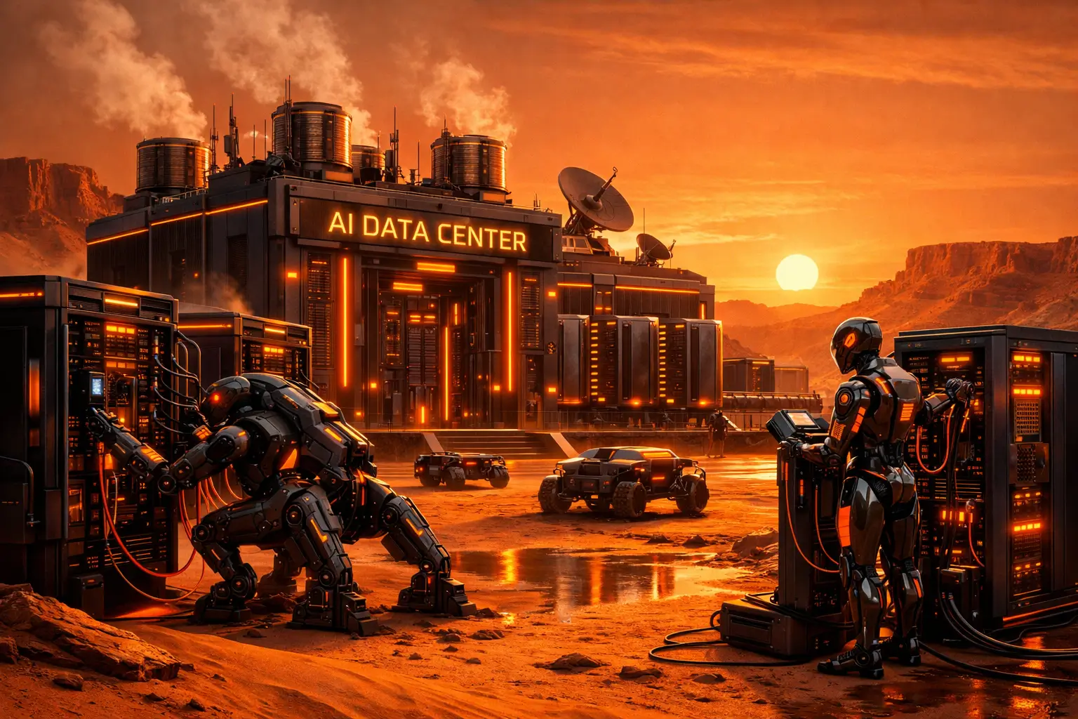 futuristic AI data center with robotics and computing infrastructure in a desert landscape